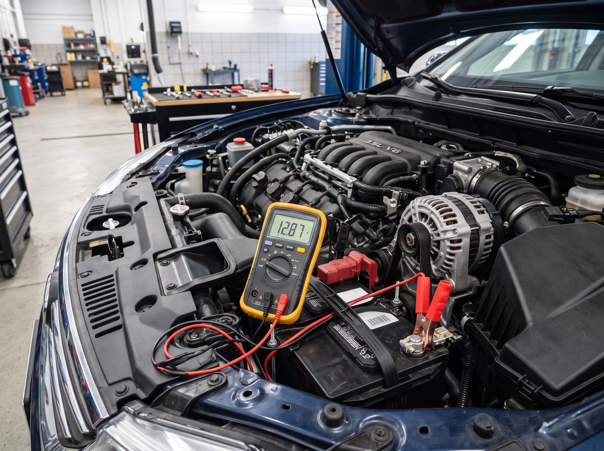 A digital multimeter clipped to a car battery's terminals during a charging-system test