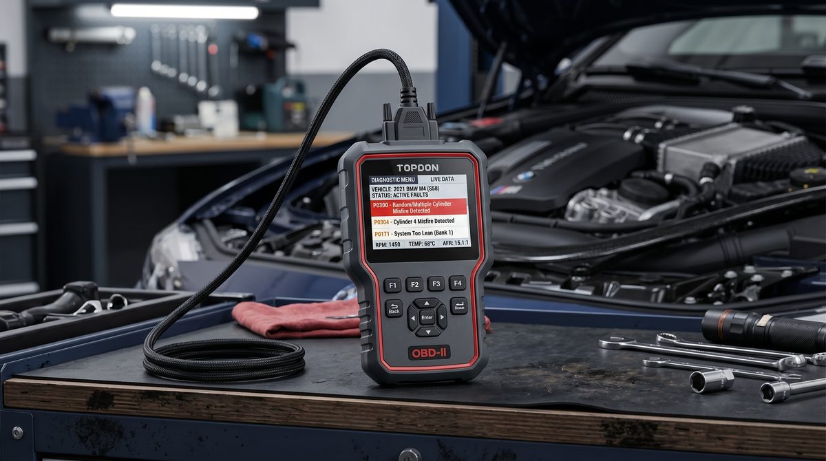 An OBD-II scan tool on a workbench displaying active misfire and lean-condition fault codes