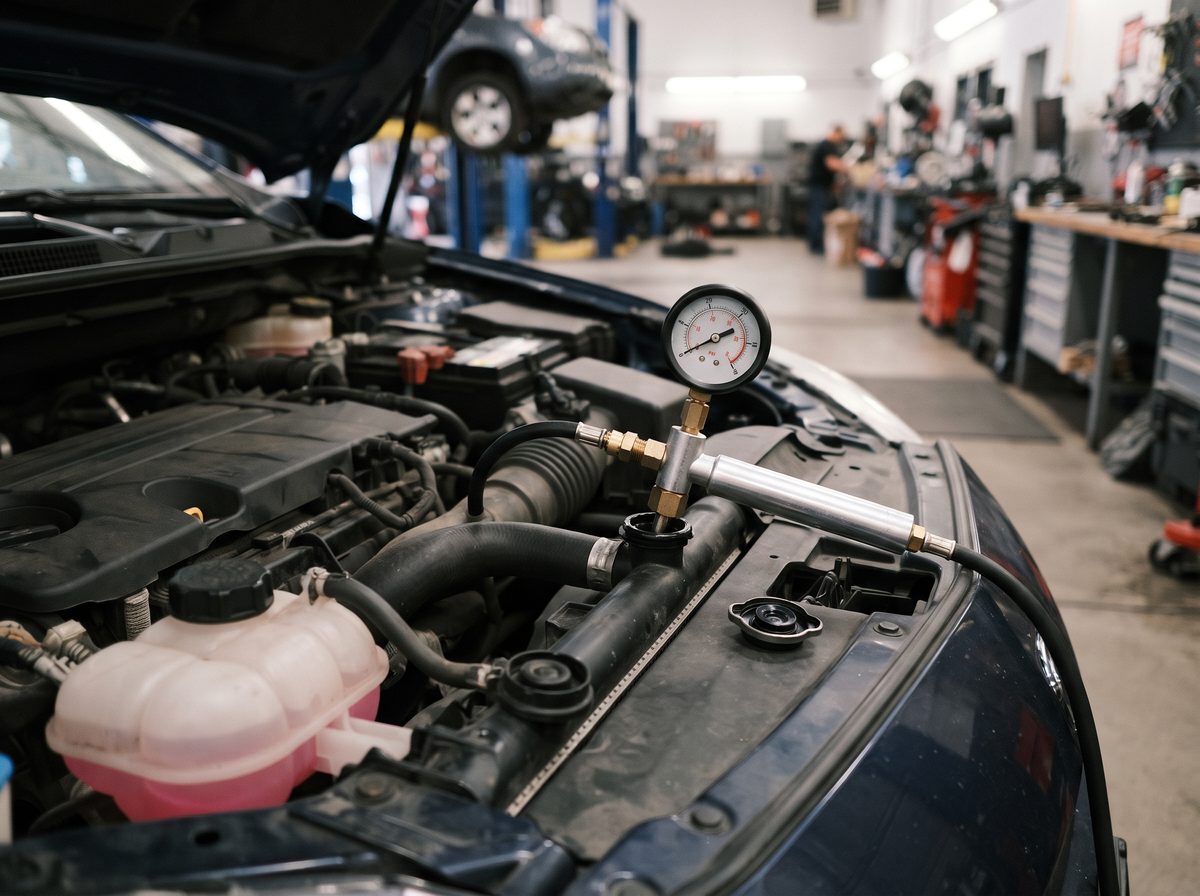 A cooling-system pressure tester attached to a radiator filler neck in an open engine bay