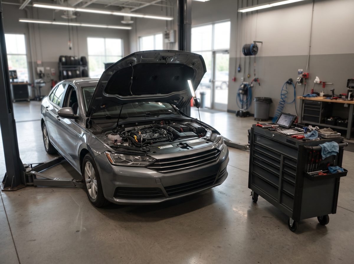 A vehicle with its hood open in a service bay under overhead shop lighting