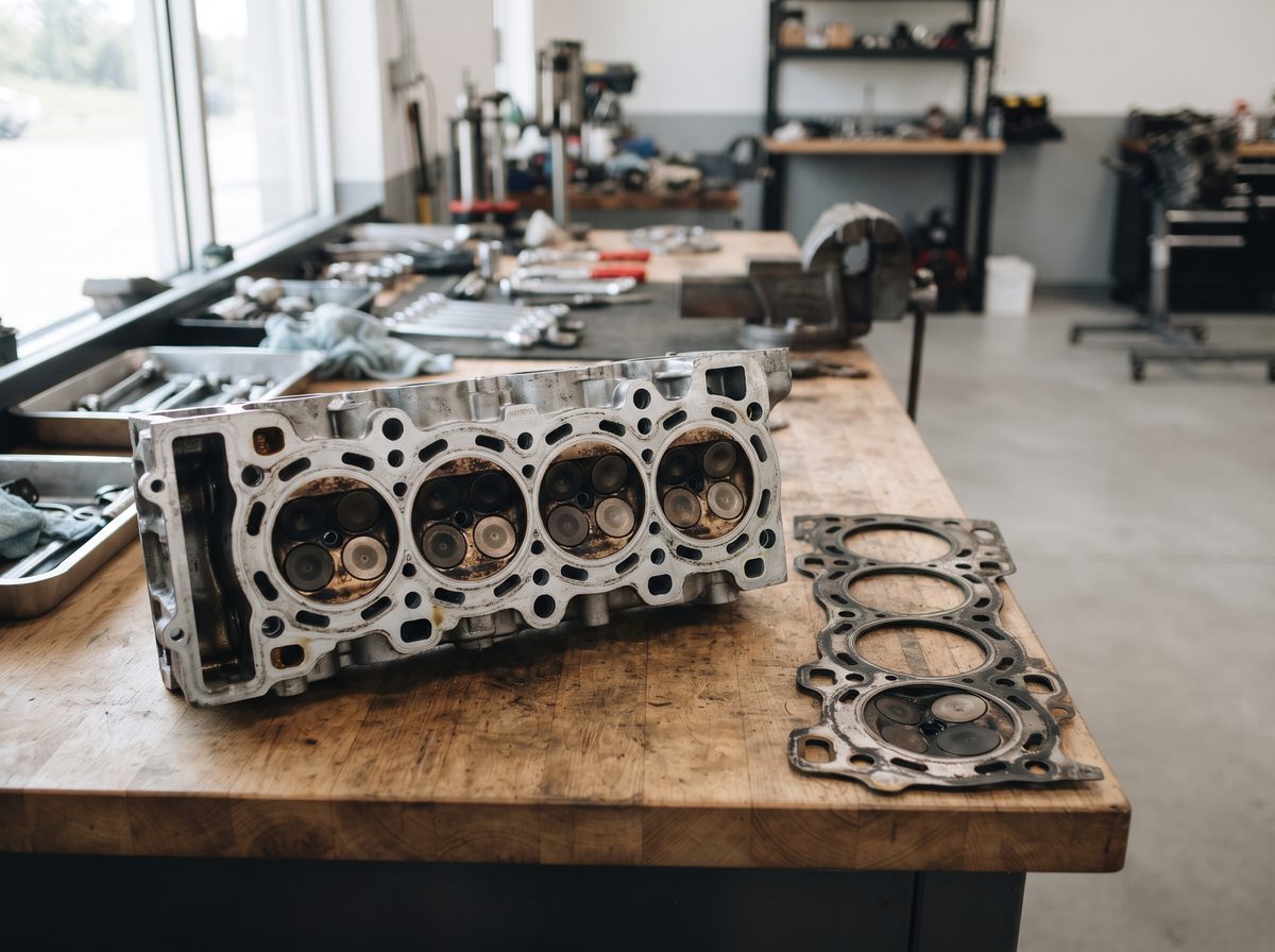 A cylinder head removed from an engine, resting on a bench beside a used head gasket