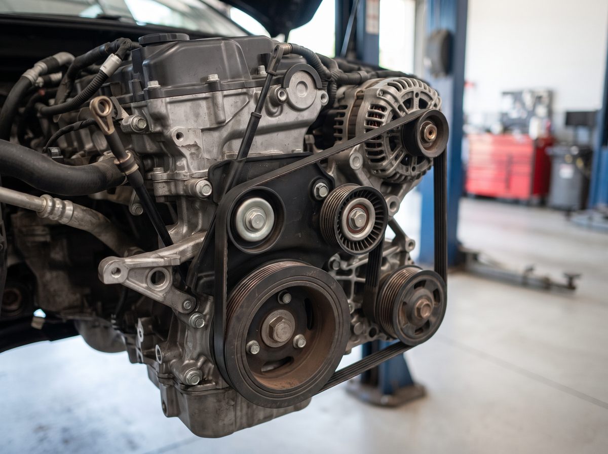 A serpentine belt routed around the pulleys and tensioner at the front of an engine