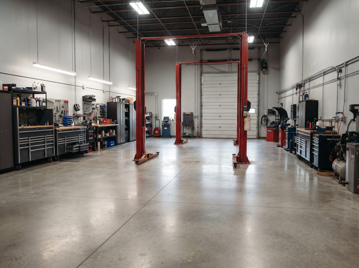 A repair shop floor with two-post lifts and tool chests along the walls