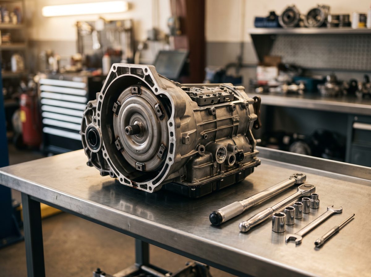 A rebuilt transmission on the workbench at Eagle Transmission & Auto Repair in Denton